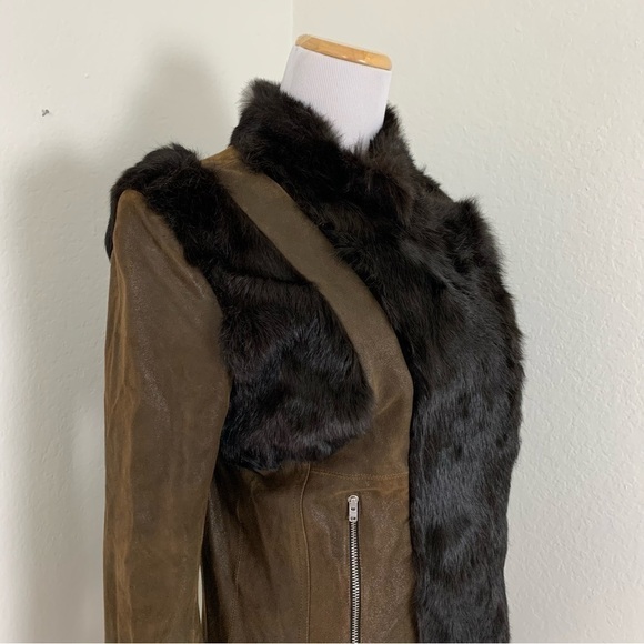 Sachin + Babi Leather Rabbit Fur Silk Jacket Brown Asymmetrical Zip - Picture 9 of 15